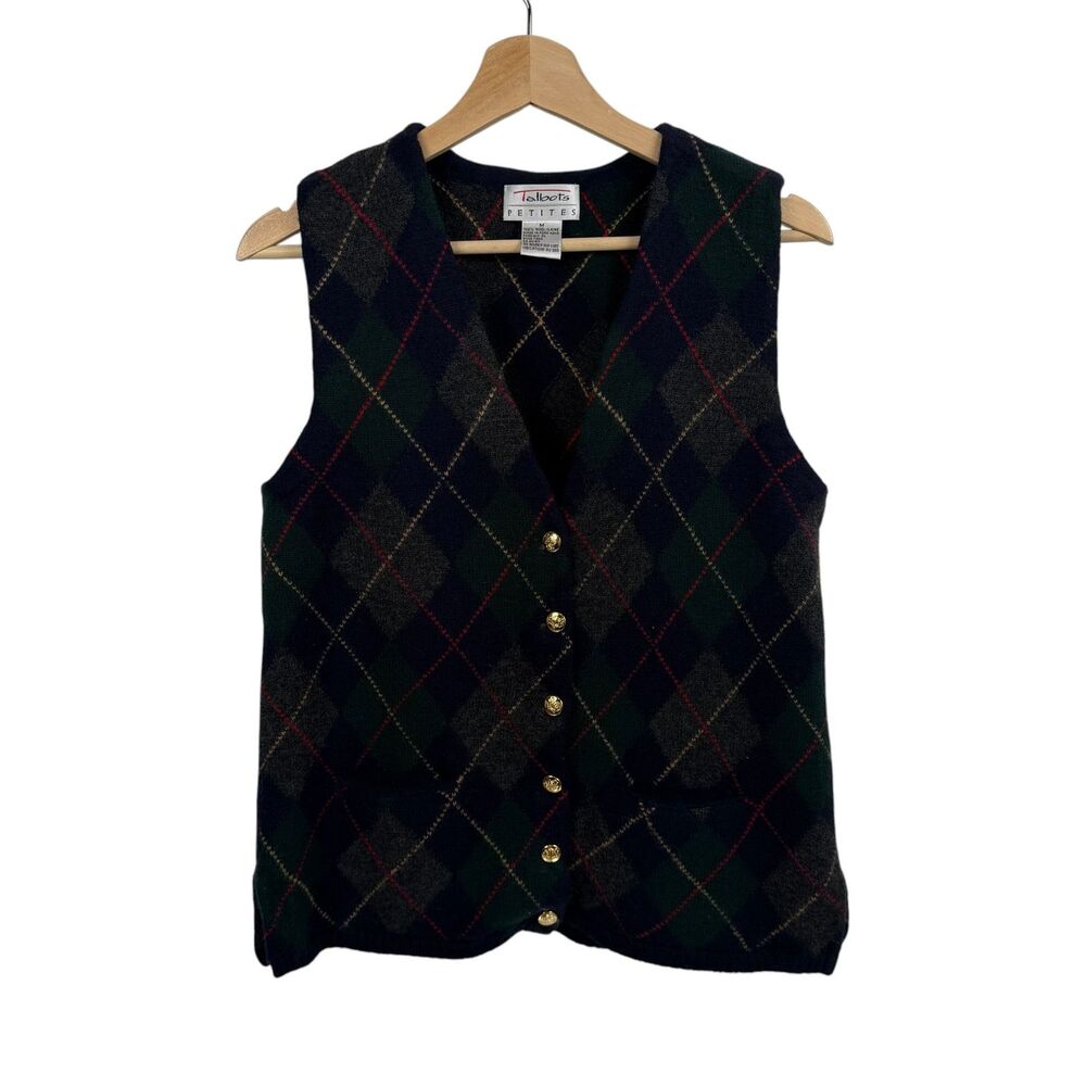 Vintage Talbots Wool Argyle Sweater Vest PM Gold Buttons Dark Academia Preppy